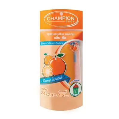 ถุงขยะแชมเปี้ยนม้วนมีเชือกผูกกลิ่นส้ม CHAMPION ขนาด 24 x 28 นิ้ว (แพ็ก 15 ใบ) สีส้ม