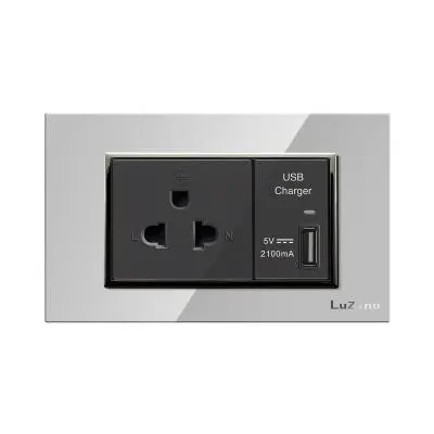 1 Gang Socket 2P+E With USB CHARGER 2.1A LUZINO Glass A85-C28E25-SV Silver - Black