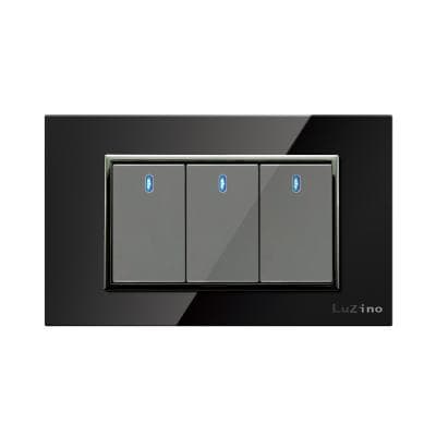 3 Gang 2 Way Full Flat Switch With Led LUZINO Glass A85-BK3A-BK Black - Silver