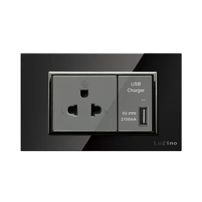 1 Gang Socket 2P+E With USB CHARGER  2.1A LUZINO Glass A85-C28E25-BK Black - Silver