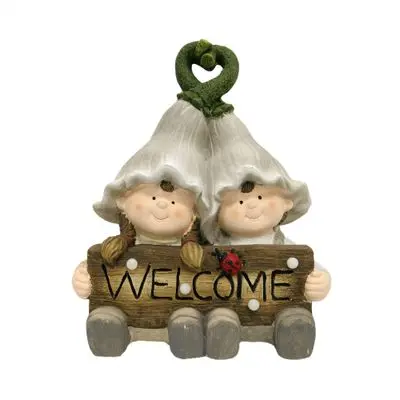FONTE Polyresin Sitting Boy&Girl Holding WELCOME Board with Solar Light (GB32-232075)