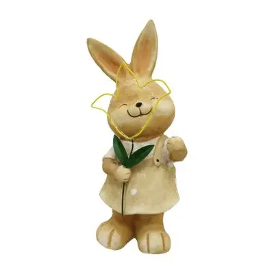 FONTE Polyresin Girl Rabbit Holding Metal Wire Flower with Solar Light (GB32-232119G)