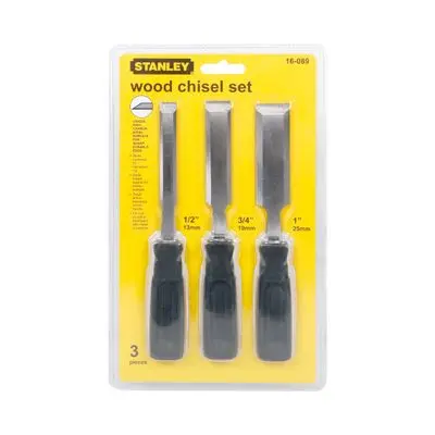 Wooden Chisel STANLEY No. 16-089 Size 1/2 3/4 1 Inch (Pack 3 Pcs.) Yellow - Black