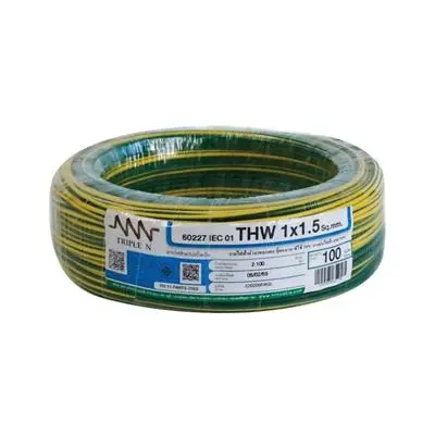 Electric Cable NNN IEC 01 THW Size 1 x 1.5 Sq.mm. x 100 Meter Green - Yellow