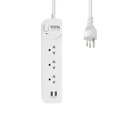 VOX Power Strip 3 Socket 1 Switch 2 USB (F5STB-VX01-1321), 3 Metre, White