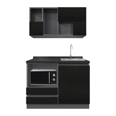 Compact Set Right Top Sink KUCHE Size 120 cm High Gloss Black - Grey