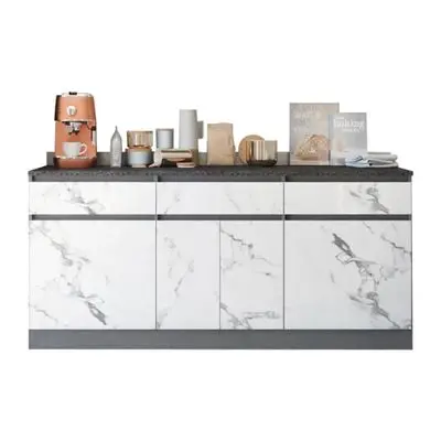 Compact Kitchen Counter KUCHE Size 180 x 58.6 x 89.8 cm Grey - White Stone Wood Top