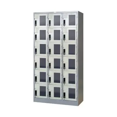 SURE Locker Cabinet with 18 Doors, Glass Front (LKG-018), Alternating Gray Color