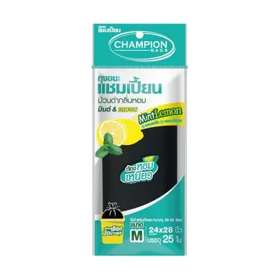 Garbage Bags Mint And Lemon Scented Roll Type CHAMPION Size 24 x 28 Inches (Pack 25 Pcs.) Black