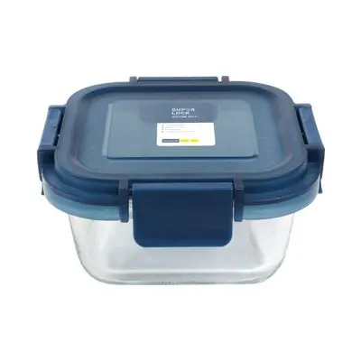 Square Glass Food Container With Lock Lid SUPER LOCK JCP-6216 Size 12.4x12.4x5.8 CM. Clear - Blue