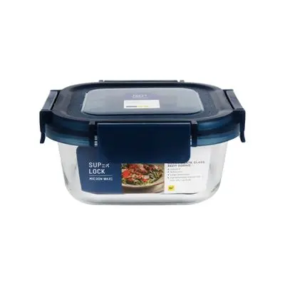 Square Glass Food Container With Lock Lid SUPER LOCK JCP-6217 Size 14.5x14.5x6.3 CM. Clear - Blue