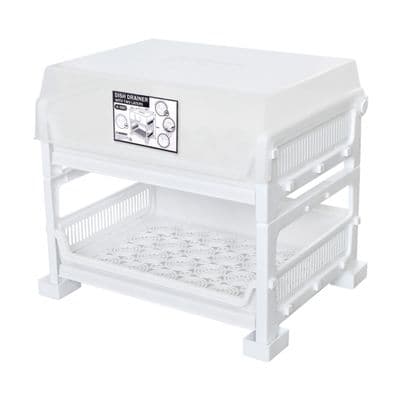 KEYWAY 2 Tiers Plastic Dish Drainer With Cover (LKW-K-980), 49 x 38 x 42 cm , White Color