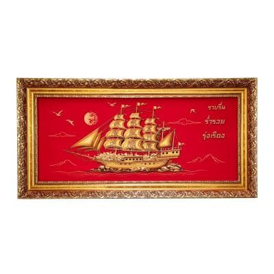 Glass Wall Plaque with PS Frame Junk Boat Fabric Picture WONGNIMIT 87 x 3 x 43 cm Red